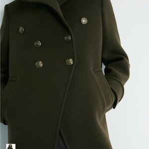Zara Olive Double-Breasted Pea Coat